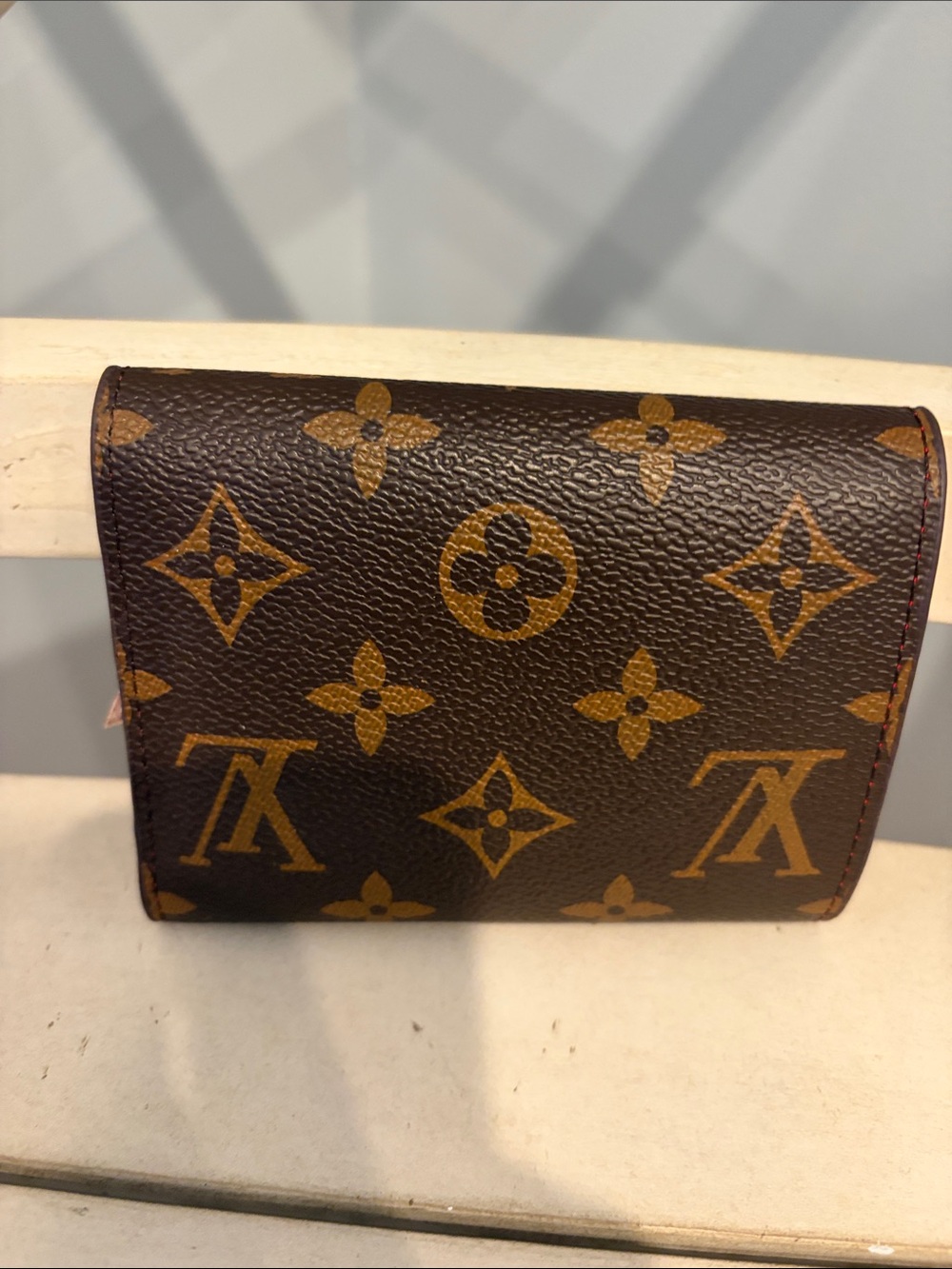 Brown Monogram Compact Wallet with Red Accent - Picture 2 of 4
